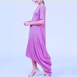 Boho Maxi T Shirt Dress Purple Jersey￼ ￼High Low Hem Crisscross Back